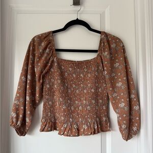 Paper Crane Floral Smocked Tan Blouse
